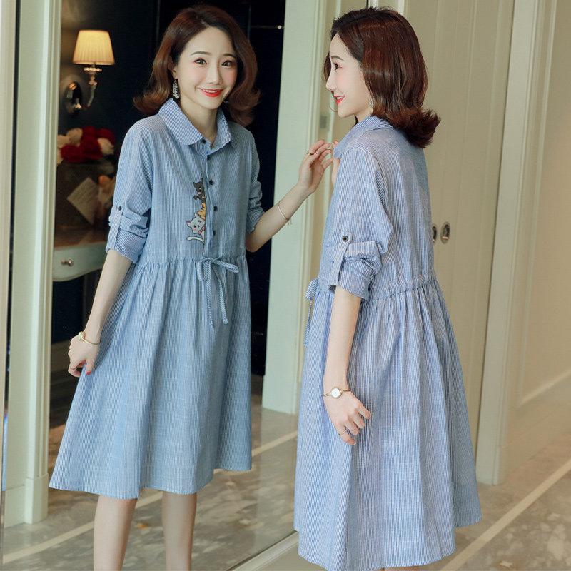 Pregnant Woman Spring Dress Fashion Loose Large Size Medium Long Version Skirt 2022 New Stripe Long Sleeve Printed Covering Head Foreign Dress