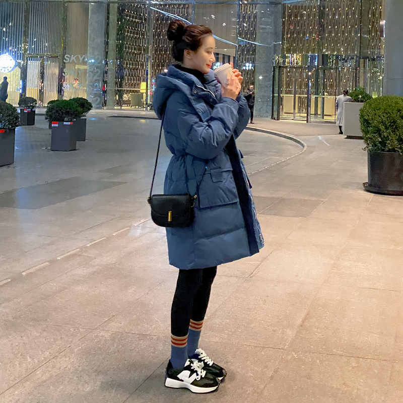 Lusam Blue Mid-Length Thickened White Duck down Jacket for Women 2025 Winter New Style Loose Drawstring Warm Fashion