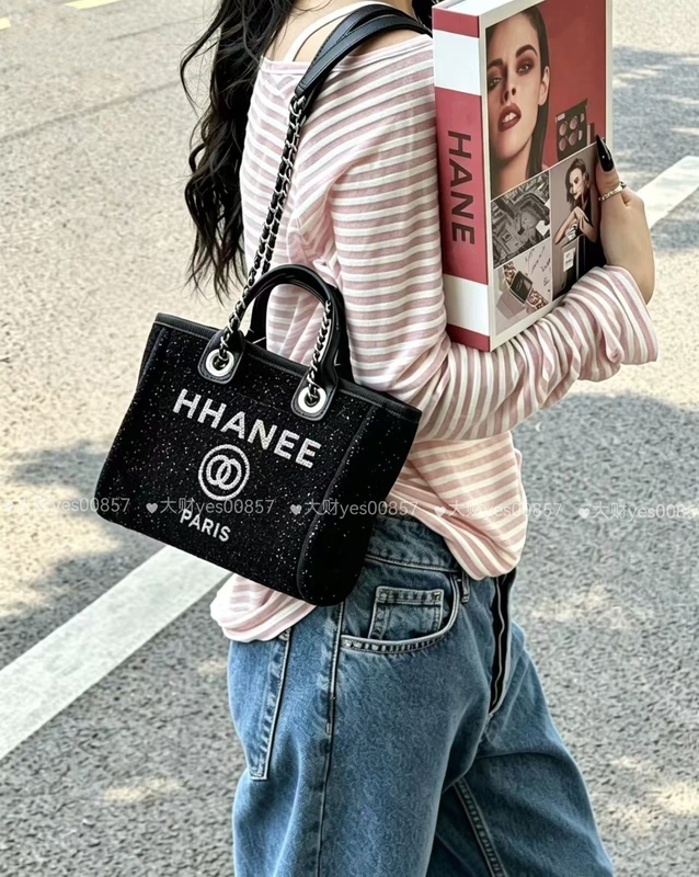 Bigrich/26A New Style Black Tweed Fine Glitter Tote Mini Chain Beach Bag Crossbody Bag