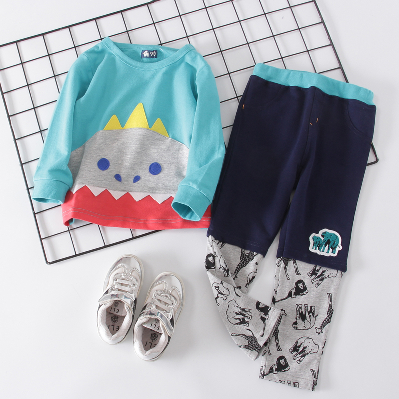 Children's pure cotton wool snare set spring male and female children long sleeve blouse trousers Two sets of cartoon monster New products