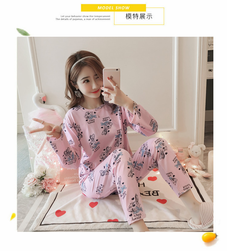 Bộ đồ ngủ nữ cotton dài tay mùa thu phiên bản Hàn Quốc có thể mặc bên ngoài cô gái xinh xắn và đáng yêu phục vụ nhà sinh viên cotton hai mảnh kiểu đồ bộ