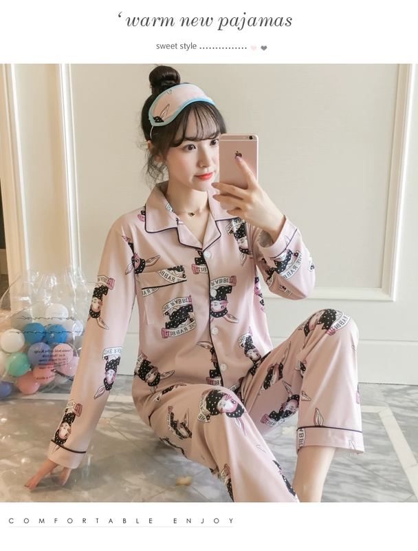 Mùa xuân và mùa thu nữ Hàn Quốc Bộ đồ ngủ dài tay cotton ngọt ngào dễ thương XL sọc Set áo len nhà mùa hè
