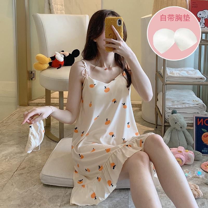 Summer Harness Sleeping Skirt Woman With Chest Cushion Pyjamas Woman Summer Pure Cotton Thin style Sexy Sweet loose with large size Sizes Home Clothing
