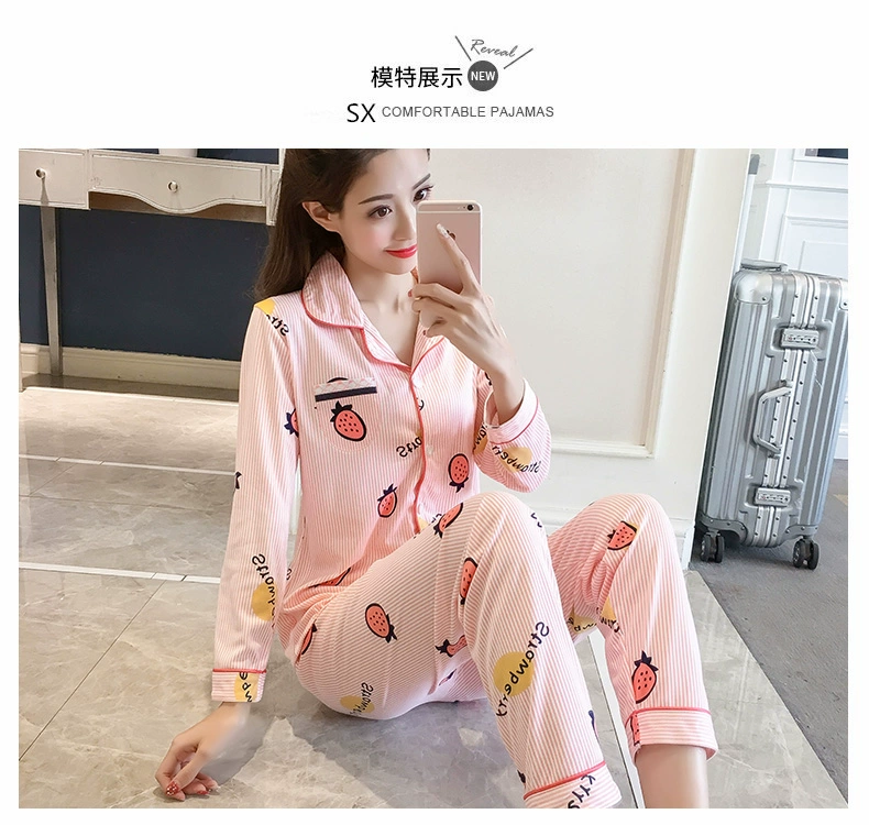 Bộ đồ ngủ nữ cotton dài tay mùa xuân và mùa hè mỏng phần ve áo cardigan tháng phù hợp với dịch vụ nhà XL bộ đồ mặc nhà mùa hè