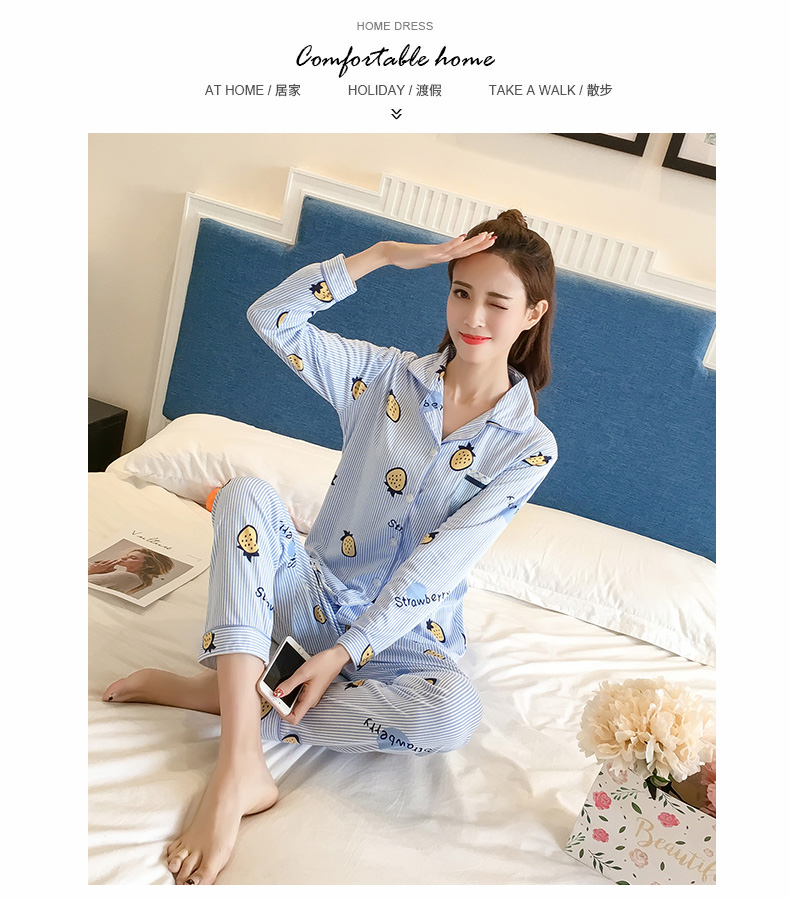 Bộ đồ ngủ nữ cotton dài tay mùa xuân và mùa hè mỏng phần ve áo cardigan tháng phù hợp với dịch vụ nhà XL đồ bộ mặc nhà pijama