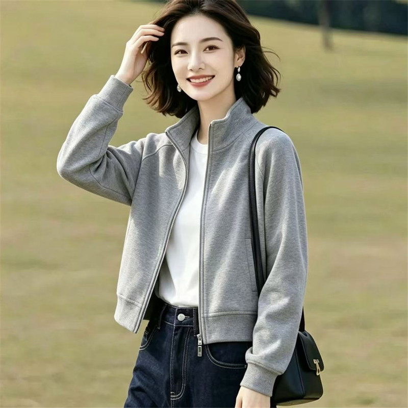 Women's Sweatshirt Jacket, Short Style for Spring and Autumn, 2026 New Fashion Stand-Up Collar, Casual Sports Cardigan Top for Mothers in Autumn