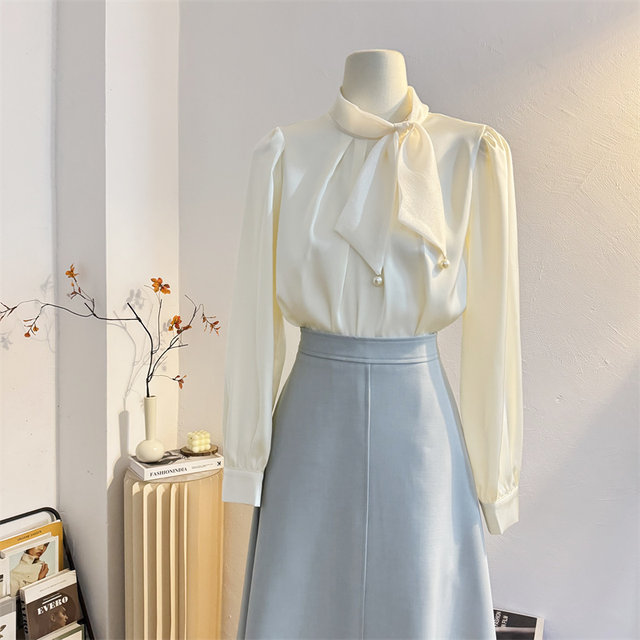 French gentle style bow satin long sleeve shirt for women