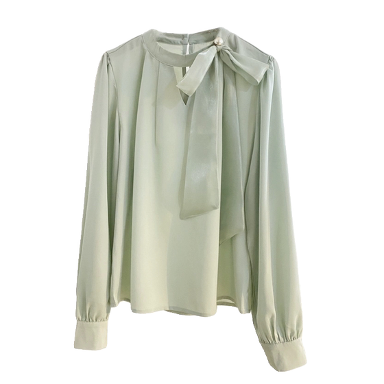
Light green streamer bow satin shirt for women 2025 spring design French temperament acetic acid long sleeve top