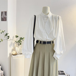 White Stand-Up Collar Ribbon Long-Sleeve Shirt for Women, 2025 Autumn, Loose French Style, Elegant Layering Shirt, Blouse Top