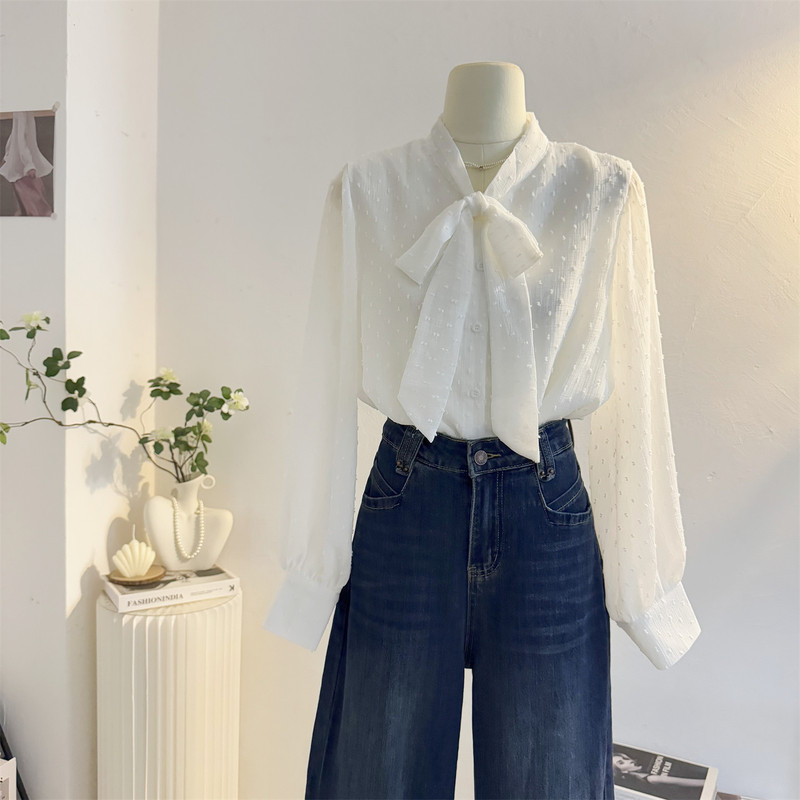White Lace-Up Bow Chiffon Long-Sleeve Shirt for Women, 2025 Autumn Ribbon Blouse, Age-Reducing and Elegant Top