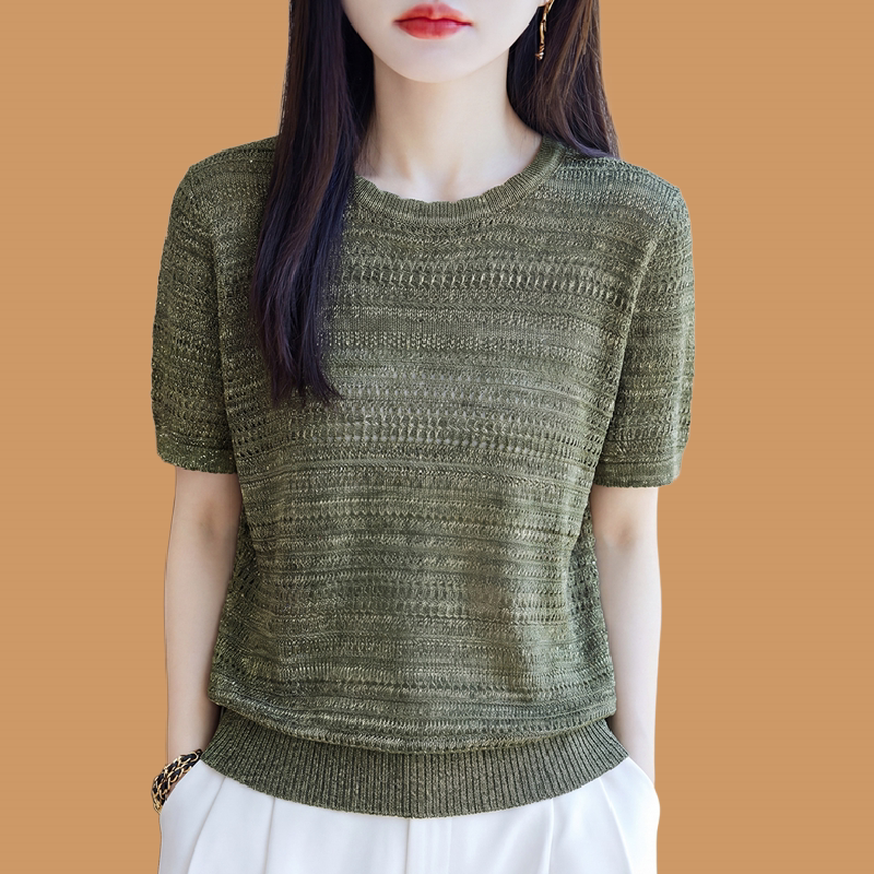 Shengyu Bamboo Women's Mulberry Silk Short-Sleeve T-Shirt Summer Fashionable Loose Large Size Solid Color Knitted Thin Top for Moms