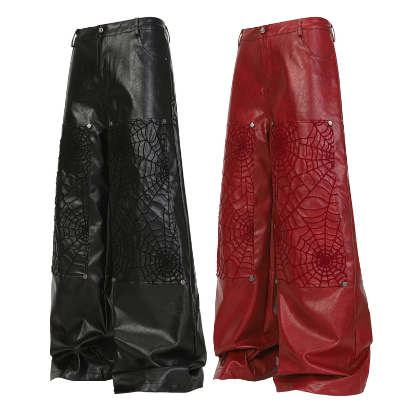 He Saiye/American-Style Textured Leather Pants, Blood Moon Night Spider Web Leather Pants, Same Style as Tt