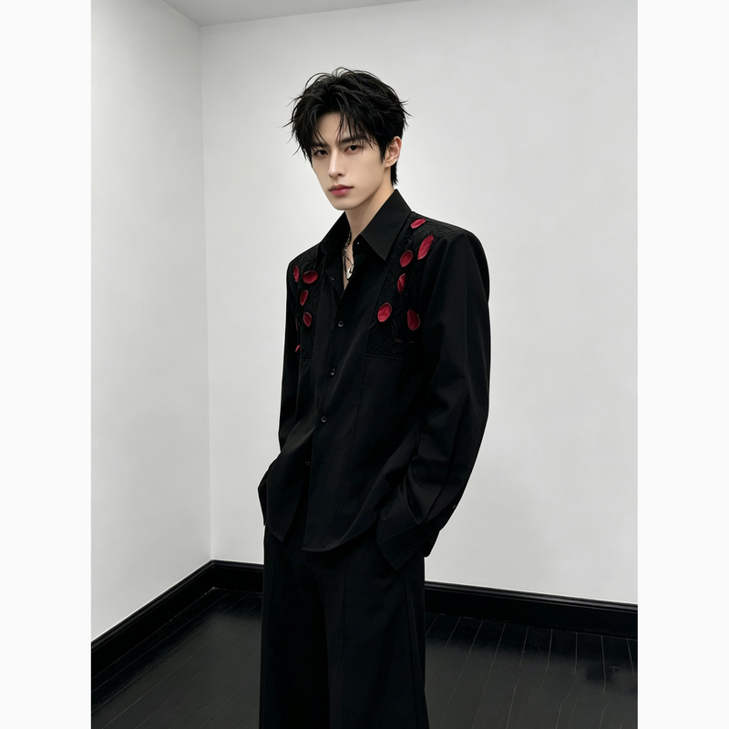 He Saiye/Light Luxury Black Long-Sleeved Shirt for Men with Three-Dimensional Rose Petal Design, Niche Design, Internet Celebrity Style Shirt