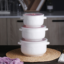 Household ceramic sealed binaural fresh bowl three-piece set Refrigerator Microwave bowl round large medium small
