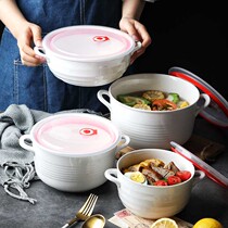High temperature resistant ceramic fresh-keeping bowl with double ears with lid sealed bowl microwave oven large capacity soup basin