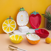 Round Cartoon Ceramic Bowl Tray Suit Cute Fruit Pan Creative Mesh Red Cutlery Rice Dish Pastel Rice Bowl