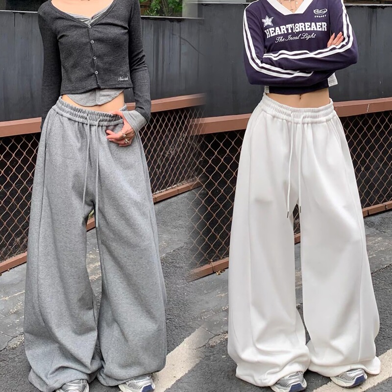 American Retro Gray Sweatpants for Women, Hip-Hop Loose Straight-Leg Pants with Drape, Floor-Length Wide-Leg Jazz Trousers American Retro Gray Sweatpants for Women, Hip-Hop Loose Straight-Leg Pants with Drape, Floor-Length Wide-Leg Jazz Trousers