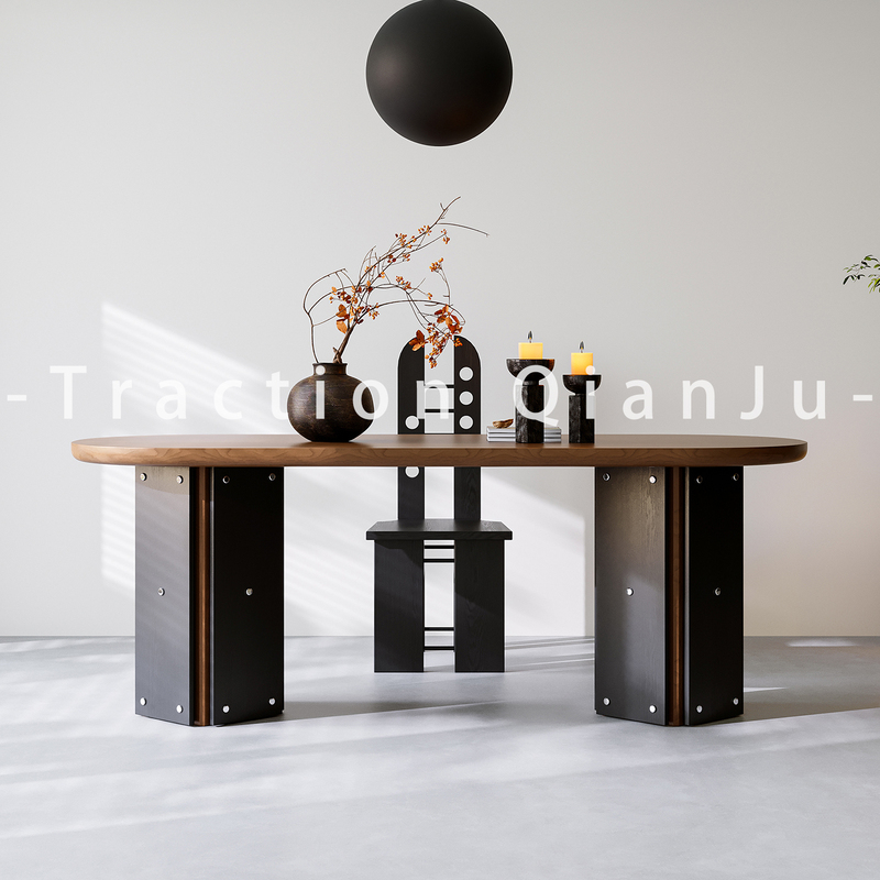 French Retro Style Solid Wood Dining Table, Oval-Shaped, Suitable for Small Apartments, Designer Wooden Desk