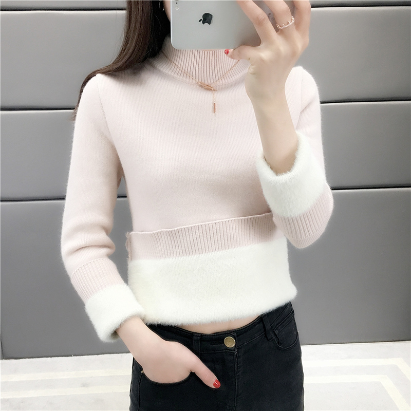女秋冬加绒加厚绒毛一体半高领毛衣