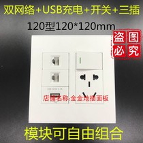 120 type 6-bit large panel dual network USB charging 2A switching power supply three-plug panel socket wall plug dual computer