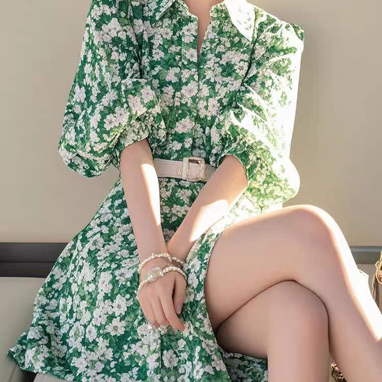 2025 Spring Korean Style Youthful and Stylish Green Floral Mid-Sleeve Shirt Dress for Women Dopamine Aesthetic Mini Dress