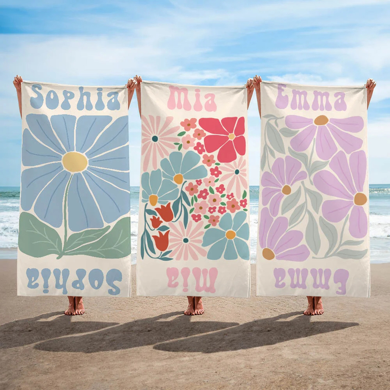 Personalized Multi-Color Floral Beach Towel with Name Printed on It, Summer Vacation Pool Party Gift, Seaside Bath Towel