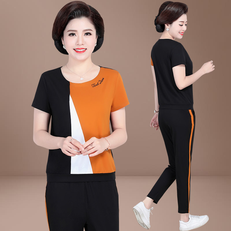 Mom summer dress Western style top large size middle-aged women's sports suit Female 40-year-old 50-year-old short-sleeved two-piece set