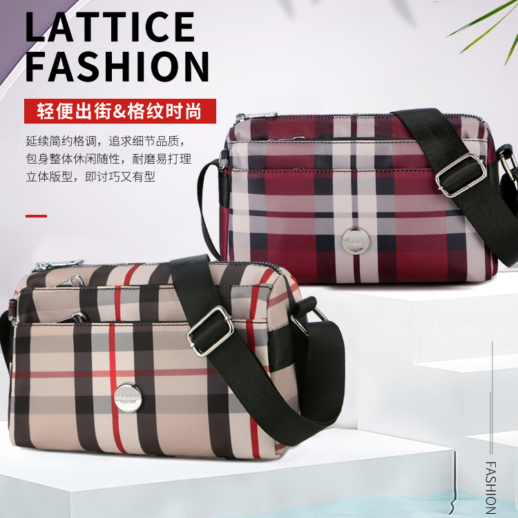 Summer Plaid Crossbody Bag for Middle-Aged Women, Single-Shoulder Nylon Canvas Versatile Mom Bag, Multi-Layer Casual Small Cloth Bag
