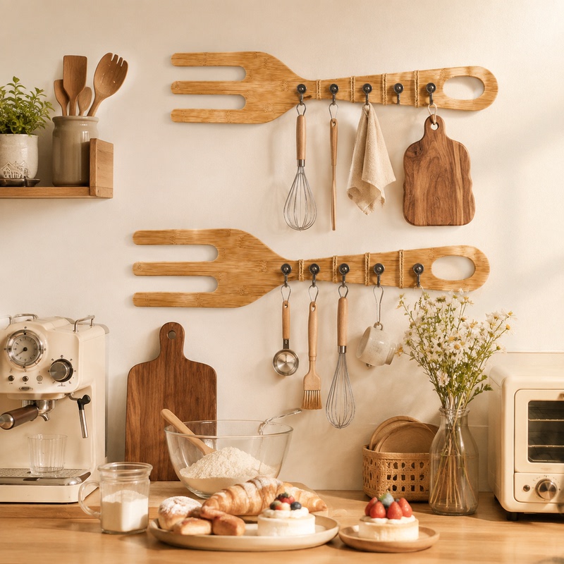 Korean-Style Ambiance Restaurant Oversized Wooden Fork Creative Wall-Mounted Decoration Magnetic Hook Kitchen Storage Utensils Spoon
