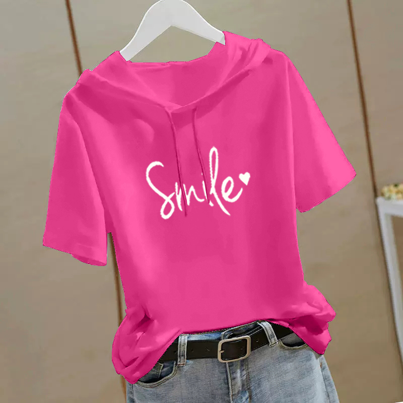 Rose Red Short-Sleeved Sweatshirt for Women, Loose Hooded Pure Cotton 2023 New Summer Korean Style Ins Half-Sleeved Hooded T-Shirt Top