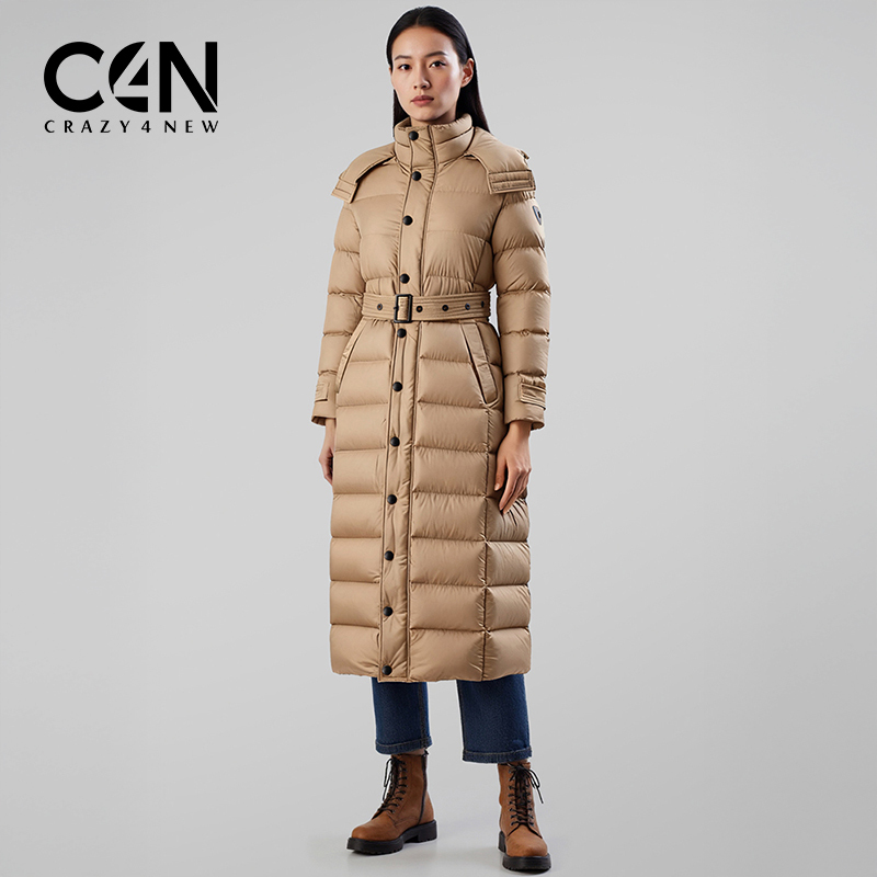 [Brand Direct] C4N Women's Slim Fit 95% down Solid Color Commuter Long Belted Hooded down Jacket Cleo