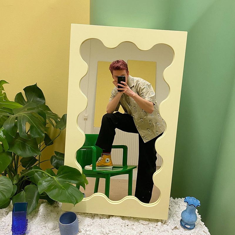 MokaMoka full-body mirror floor mirror ins net red studio wooden frame wave photo decoration retro mirror