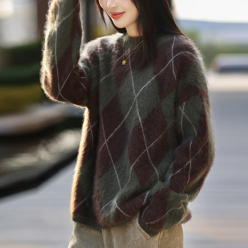 Color-Blocked Retro Diamond-Patterned 100% Pure Wool Sweater for Women, Round Neck, Thick, Loose, Soft and Cozy Base Sweater