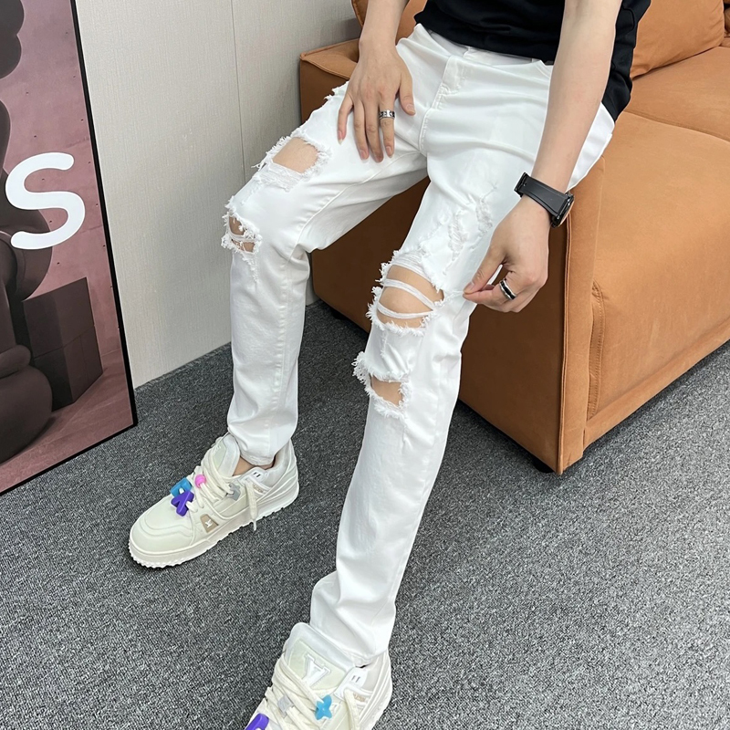 Spring and Summer New High-Street Ripped Jeans for Men, Slim Fit, Straight Leg, Black Distressed Trendy Brand White Hip-Hop Pants