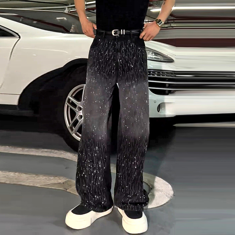 Trendy Brand Heavy-Duty Washed Gradient High-End Full Rhinestone Sparkling Three-Dimensional Curved Knife Jeans Loose Casual Light Luxury Straight-Leg Pants