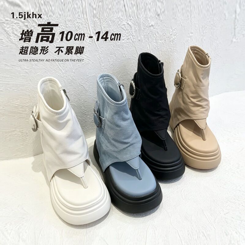 1.5cm Height Increase 14- 10cm Light Luxury Short-Tube Sandals for Women, Half-Slip Original New Style, Breathable for Summer