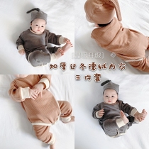 Autumn and winter baby warm clothes childrens velvet fever one-piece jumpsuit baby bag fart romper bottoming three-piece set