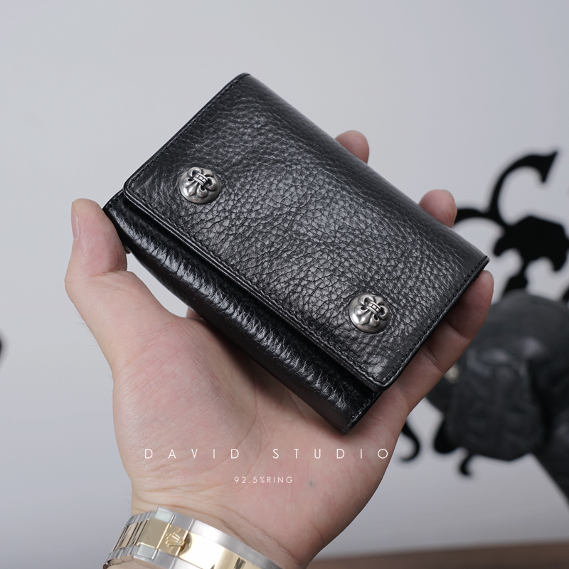 Italian Imported Top-Grain Leather Double 925 Sterling Silver Scout Snap Button Short Folding Trendy Men's High-End Wallet