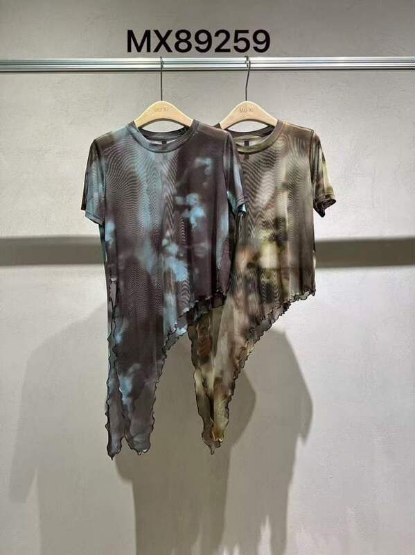 89259 Design-Inspired Tie-Dye Lightweight Slim-Fit Ruched Mesh Short-Sleeve T-Shirt, Bust Size 104, No Returns or Exchanges