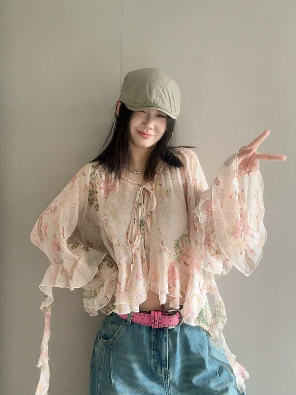6370 Niche Design Ruffled Off-Shoulder Fairy-Like Top for Women, Bust 114, Length 63, No Returns or Exchanges