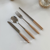 ok holiday * Jane Joins cylindrical wood handle Chopsticks Knife Fork Spoon Cutlery Suit Stainless Steel Retro Cutlery