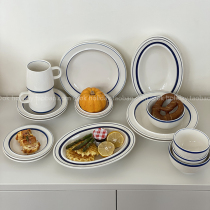 INS Wind Han Style Blue Line Cutlery Suit Soup Pan Mark Cup Brief Ceramic Dish Rice Bowl