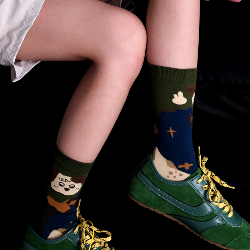 Zerog New Early Autumn Japanese Style Cartoon Puppy in Bushes Hide-And-Seek Mid-Calf Socks Trendy Playful ins Fun Women's Df