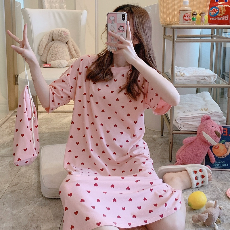 Váy ngủ cotton tinh khiết nữ phiên bản Hàn Quốc tay ngắn rời dễ thương học sinh mùa hè váy cotton mỏng váy cô gái đồ ngủ - Đêm đầm