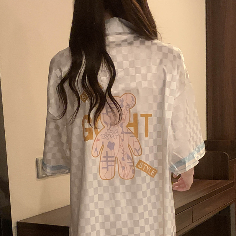 2022 New advanced senses silk sleepwear women's ins wind spring summer short sleeves Chessboard Grid Ice Silk Shirt Sleeping Dress