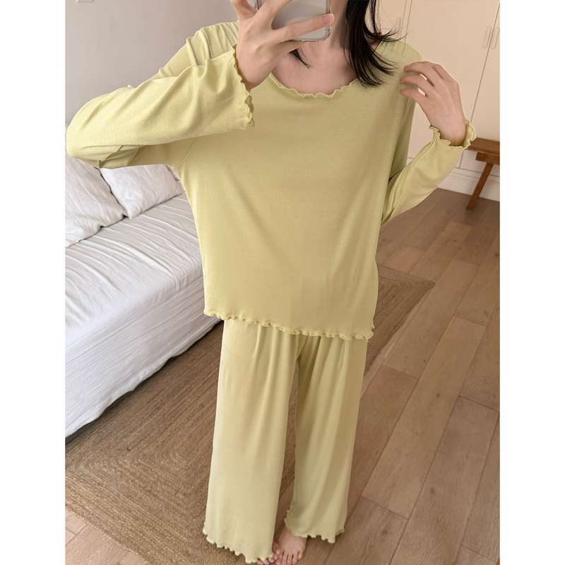 Modal Cotton Silk Pajamas for Women, Spring and Autumn Style, Lazy Style with Ruffled Edges, Suitable for Winter, Can Be Worn Outside as Loungewear