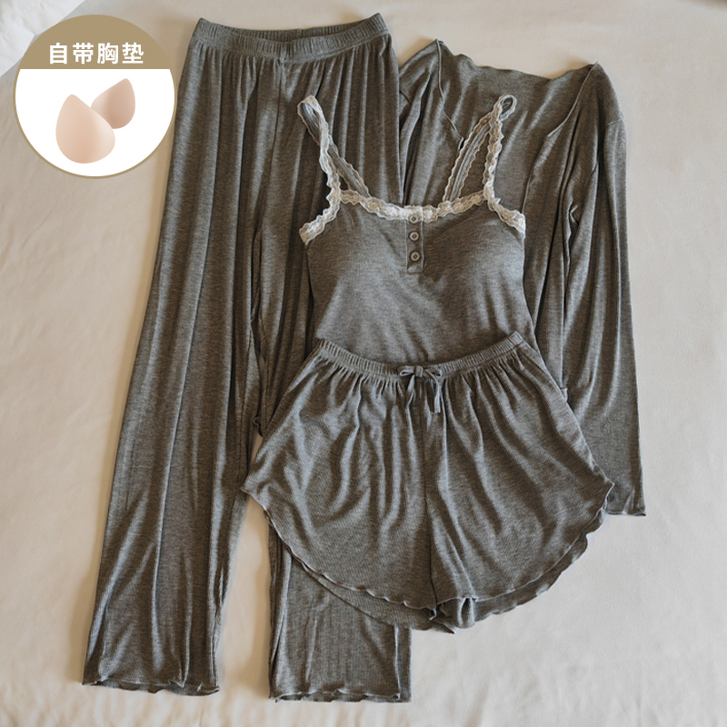 Four-Season Modal Pajamas with Breast Pads, Feminine and Pure Style, Spring, Summer, Autumn and Winter Style Suspender Home Wear Set