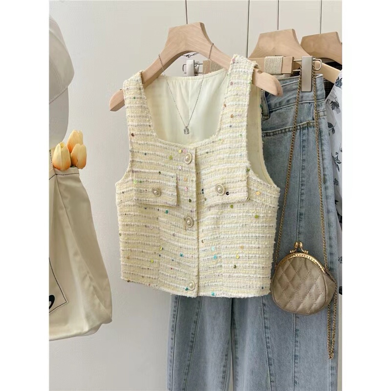 Tweed Vest for Women with a Chanel-Inspired Style, Featuring a Square Neckline, Sequin Design, Versatile Short Sleeveless Jacket