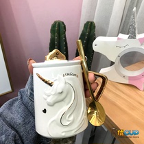 ins Unicorn mug with lid spoon Net red Meng water cup Creative mobile phone holder cup Milk breakfast ceramic cup