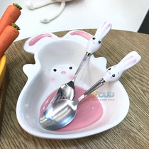 Creative cartoon Japanese cute carrot rabbit fork spoon set Childrens ceramic tableware Dessert salad bowl plate